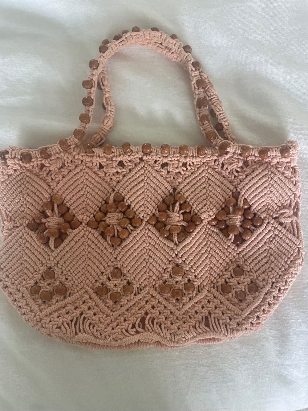 Free People Handmade Peach  Macramé Mini Tote Bag with Wooden Bead Accents